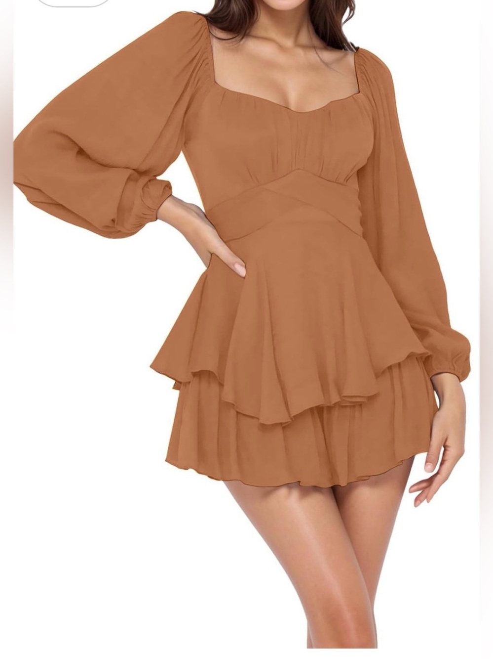 Square Neck Lantern Sleeve Long Sleeve Short Mini Dress Date Party Autumn Women